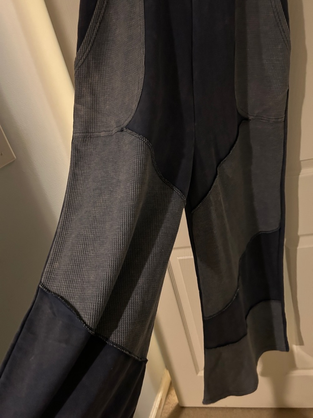 Patchwork Wide-Leg Denim Overalls - Dark Blue/Charcoal - Picture 6 of 8